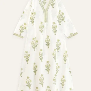 Aarya White & Green Floral Handblock Kurta
