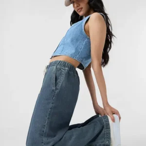 Washed Blue Straight Fit Drawstring Jeans
