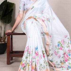 White Floral Linen Saree