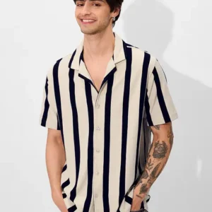 Men’s Vertical Stripe Cuban Collar Shirt
