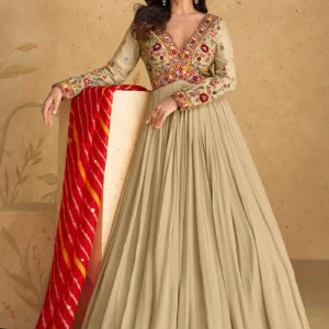 Elegant Beige Embroidered Anarkali With Red Dupatta