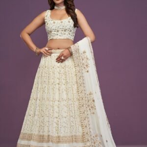 Off-White and Gold Embroidered Lehenga