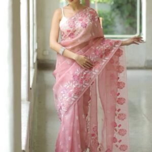 Floral Pink  Embroidered Saree