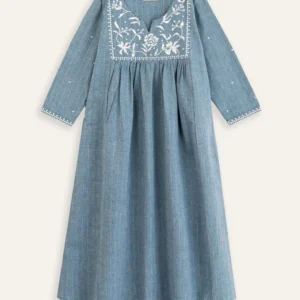 Blue Embroidered Chambray Dress