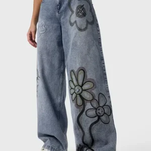 Smiley Floral Graffiti Wide-Leg Jeans