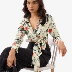 Oriental Floral Print Wrap Shirt with Tie Front
