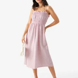 Pink Gingham Smocked Midi Sundress