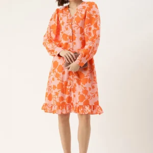 Coral Blossom Midi Dress