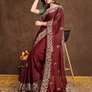 Maroon Embroidered Silk Saree