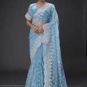 Sky Blue Embroidered Net Saree